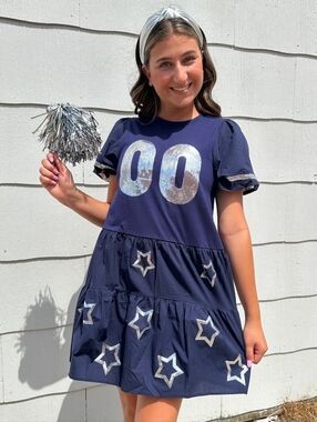 WHY Dress NWT Poplin Baby Doll Dress game Day Sequin Jersey In Navy/Silver Small